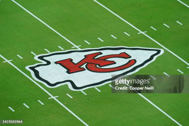 The Kansas City Chiefs Arrowhead painted on the field as the 50 yard line logo prior to the NFL game between the Kansas City Chiefs and Houston...