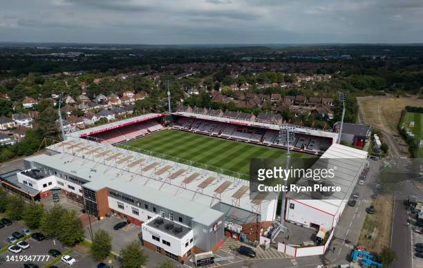 An aerial view of Vitality Stadium on August 30, 2022 in Bournemouth, England.