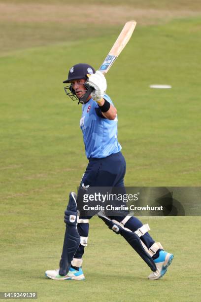 Harry Finch of Kent celebrates his half century during the Royal London Cup Semi Final between Hampshire and Kent Spitfires at The Ageas Bowl on...