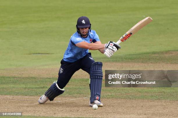 Ollie Robinson of Kent hits out during the Royal London Cup Semi Final between Hampshire and Kent Spitfires at The Ageas Bowl on August 30, 2022 in...