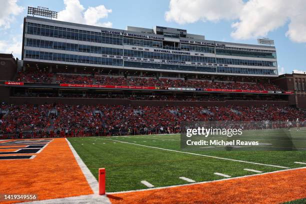 General view of Memorial Stadium during the first quarter between the Illinois Fighting Illini and the Wyoming Cowboys on August 27, 2022 in...