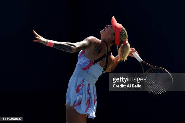 Tereza Martincova of Czech Republic serves against Kaia Kanepi of Estonia in their Women's Singles First Round match on Day Two of the 2022 US Open...