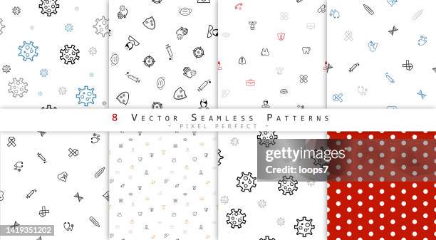 medicine, virus & polka dots seamless background set - 8 pixel perfect vector patterns - red suitcase stock illustrations