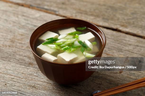 high angle view of soup in bowl on table,bandung,indonesia - miso sauce stockfoto's en -beelden