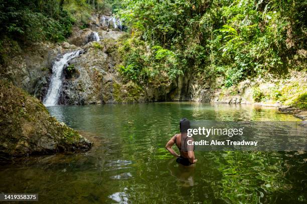 a woman wild swimming beside a beautiful waterfall - trinité et tobago photos et images de collection