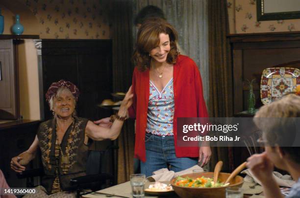 Actors Cloris Leachman and Mary Steenburgen rehearse a scene on the set of tv show 'Joan of Arcadia', August 14, 2004 in Culver City, California.