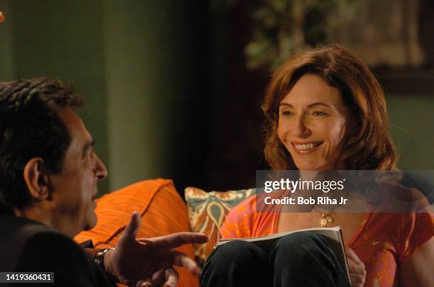 Actors Mary Steenburgen and Joe Mantegna rehearse a scene on the set of tv show 'Joan of Arcadia', August 14, 2004 in Culver City, California.