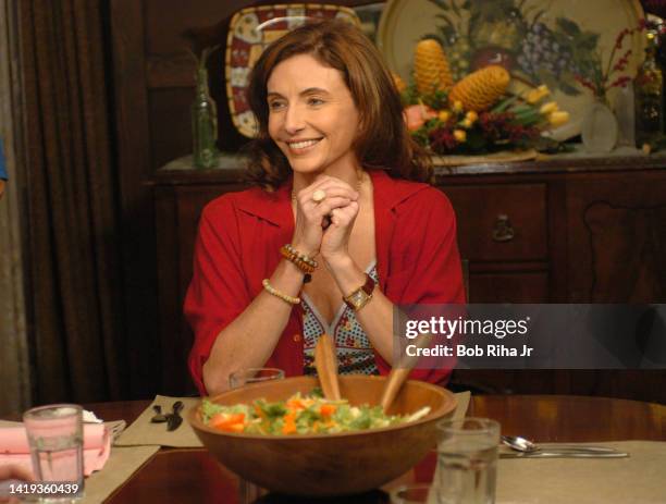 Actor Mary Steenburgen rehearses a scene with cast members on the set of tv show 'Joan of Arcadia', August 14, 2004 in Culver City, California.