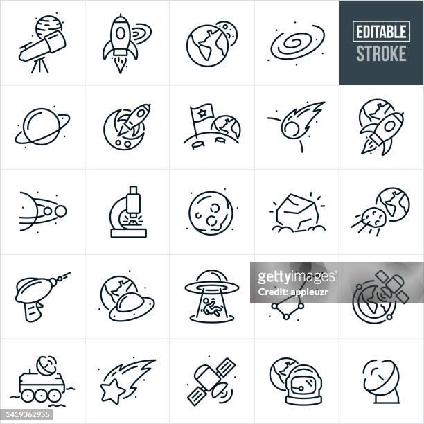 ilustraciones, imágenes clip art, dibujos animados e iconos de stock de iconos de línea delgada del espacio - trazo editable - space exploration