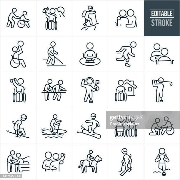 ilustrações de stock, clip art, desenhos animados e ícones de people with disabilities thin line icons - editable stroke - cadeira de rodas