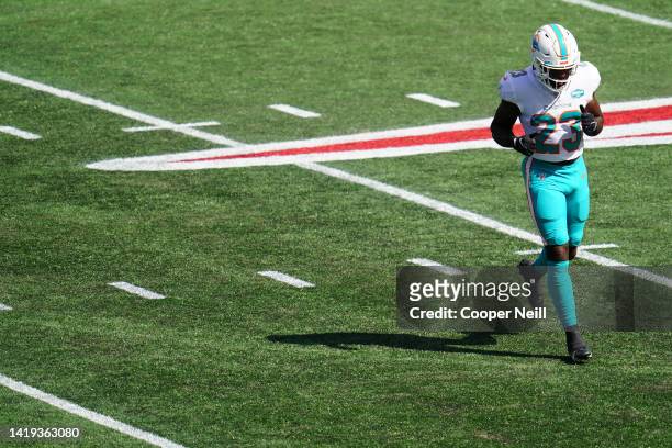 Noah Igbinoghene of the Miami Dolphins runs off the field during an NFL game against the New England Patriots, Sunday, Sep. 13 in Foxborough, Mass.
