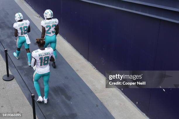 Preston Williams of the Miami Dolphins, Jakeem Grant, and cornerback Noah Igbinoghene walk onto the field before an NFL game against the New England...