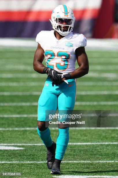 Noah Igbinoghene of the Miami Dolphins approaches the line of scrimmage during an NFL game against the New England Patriots, Sunday, Sep. 13 in...