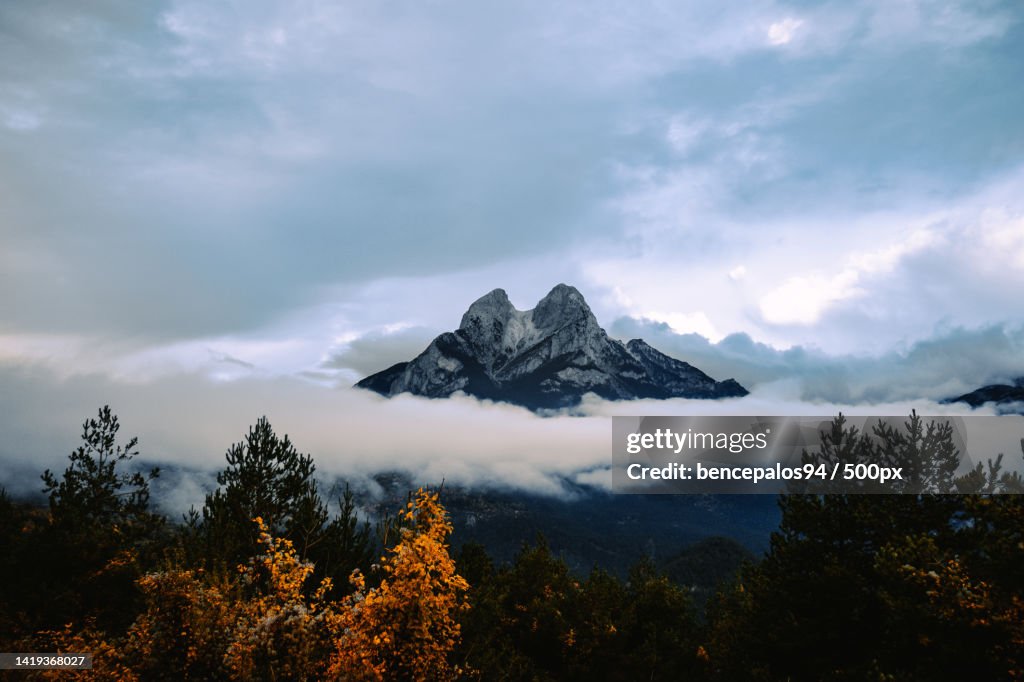 Scenic view of mountains against sky during winter,Pedraforca,Spain