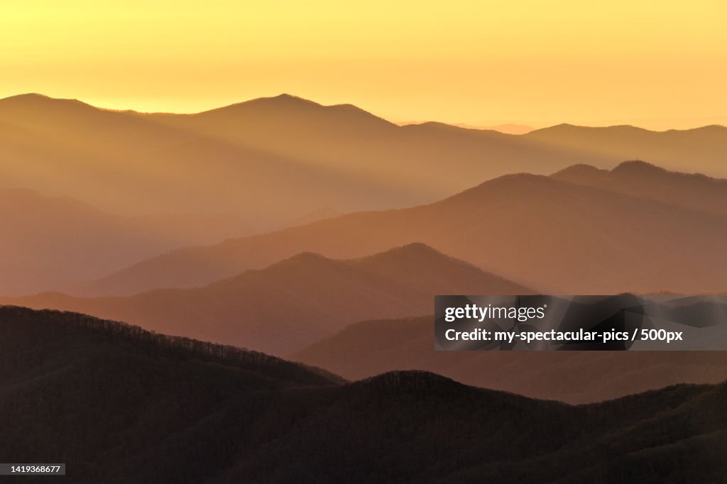Scenic view of silhouette of mountains against sky during sunset,Great Smoky Mountains,United States,USA