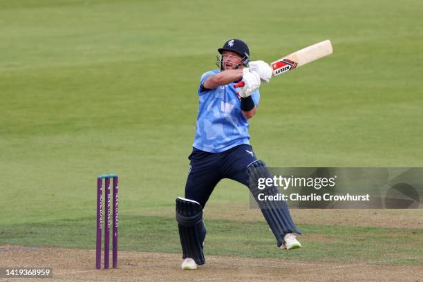 Darren Stevens of Kent hits out during the Royal London Cup Semi Final between Hampshire and Kent Spitfires at The Ageas Bowl on August 30, 2022 in...