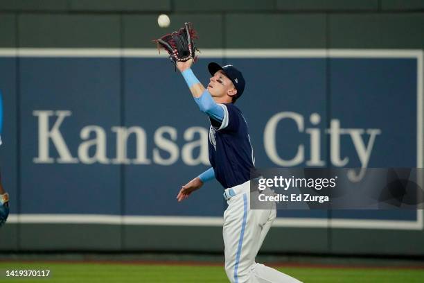 Right fielder Drew Waters of the Kansas City Royals catches a ball against the San Diego Padres at Kauffman Stadium on August 26, 2022 in Kansas...