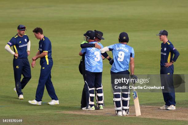 Darren Stevens of Kent hugs umpire David Millns after hitting him with a shot accidentally during the Royal London Cup Semi Final between Hampshire...