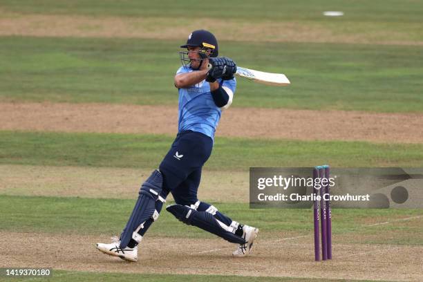 Grant Stewart of Kent hits out during the Royal London Cup Semi Final between Hampshire and Kent Spitfires at The Ageas Bowl on August 30, 2022 in...