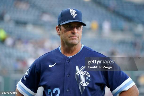 Manager Mike Matheny of the Kansas City Royals stands on the field prior to a game against the San Diego Padres at Kauffman Stadium on August 26,...