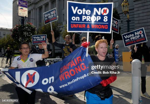 People protesting against Proposition 8 outside San Francisco City Hall on Election Day, November 4, 2008 in San Francisco, California. Also known as...