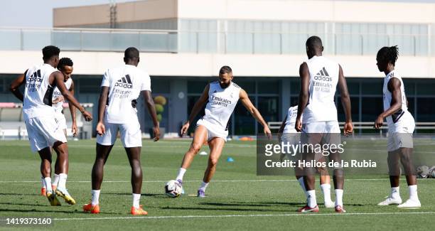 Real Madrid squad in action during a training session at Valdebebas training ground on August 30, 2022 in Madrid, Spain.