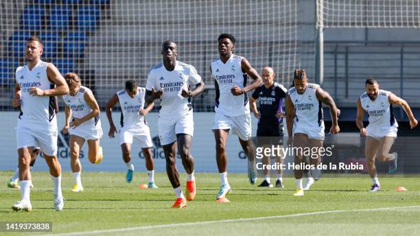 Real Madrid squad in action during a training session at Valdebebas training ground on August 30, 2022 in Madrid, Spain.