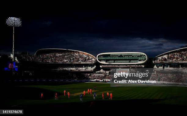 The players take to the field during the Hundred match between London Spirit Men and Birmingham Phoenix Men at Lord's Cricket Ground on August 30,...