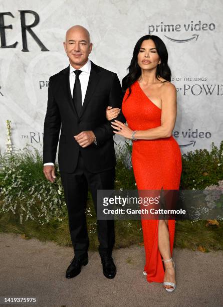 Jeff Bezos and Lauren Sanchez attend "The Lord Of The Rings: The Rings Of Power" World Premiere in Leicester Square on August 30, 2022 in London,...