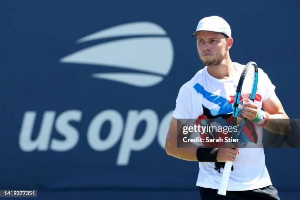 James Duckworth of Australia looks on against Christopher O'Connell of Australia in their Men's Singles First Round match on Day Two of the 2022 US...