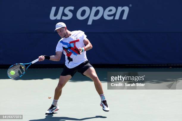 James Duckworth of Australia plays a forehand against Christopher O'Connell of Australia in their Men's Singles First Round match on Day Two of the...