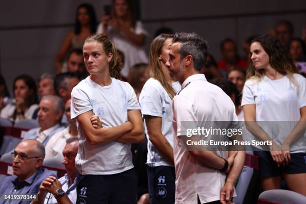 Irene Paredes and Jorge Vilda are seen during the reception of the Spain Under 20 Women Team at Ciudad del Futbol after winning the World...