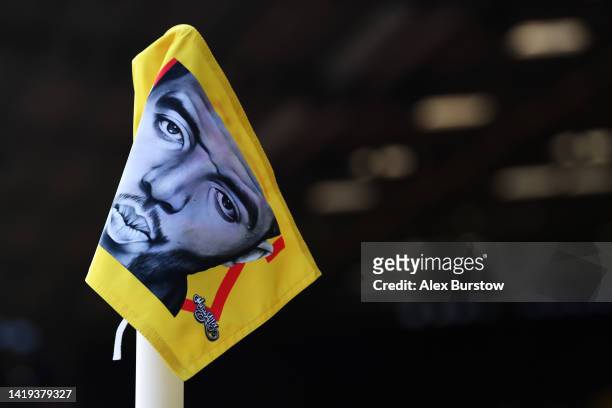 Detailed view of a corner flag featuring a mural of former Watford player Troy Deeney prior to the Sky Bet Championship match between Watford and...