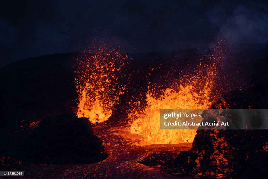 Lava violently erupting from a volcanic crater seen from close up, Reykjanes Peninsula, Iceland