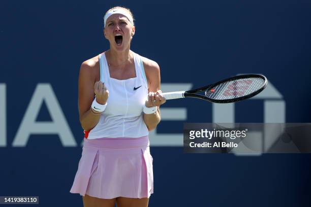 Petra Kvitova of Czech Republic celebrates after defeating Erika Andreeva in their Women's Singles First Round match on Day Two of the 2022 US Open...