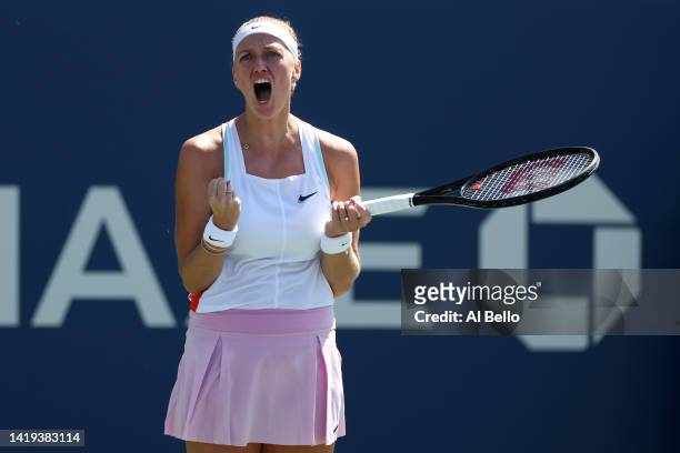 Petra Kvitova of Czech Republic celebrates after defeating Erika Andreeva in their Women's Singles First Round match on Day Two of the 2022 US Open...