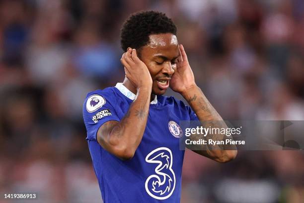 Raheem Sterling of Chelsea reacts after a missed shot during the Premier League match between Southampton FC and Chelsea FC at Friends Provident St....