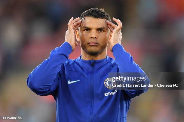 Thiago Silva of Chelsea looks on prior to kick-off in the Premier League match between Southampton FC and Chelsea FC at Friends Provident St. Mary's...