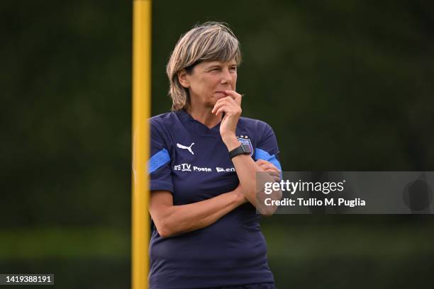 Head coach Milena Bertolini leads a Italy Women training session at Centro Tecnico Federale di Coverciano on August 30, 2022 in Florence, Italy.