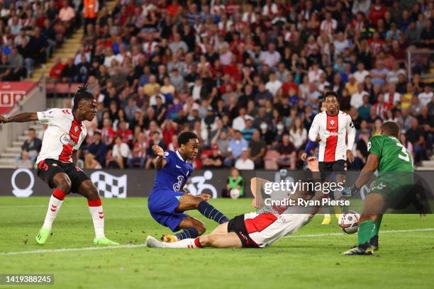 Raheem Sterling of Chelsea scores their team's first goal during the Premier League match between Southampton FC and Chelsea FC at Friends Provident...
