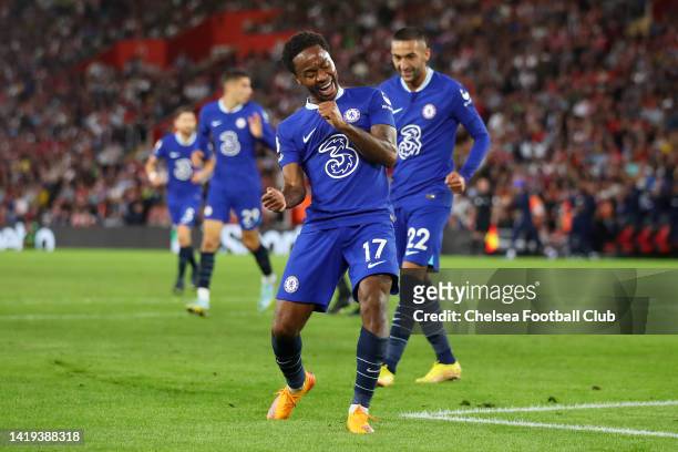 Raheem Sterling of Chelsea celebrates after scoring their team's first goal during the Premier League match between Southampton FC and Chelsea FC at...
