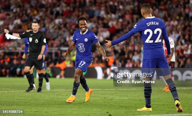 Raheem Sterling of Chelsea celebrates after scoring their team's first goal during the Premier League match between Southampton FC and Chelsea FC at...