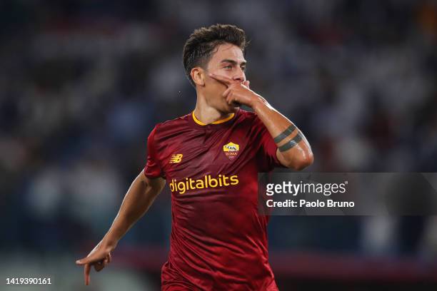 Paulo Dybala of AC Monza celebrates after scoring their team's first goal during the Serie A match between AS Roma and AC Monza at Stadio Olimpico on...
