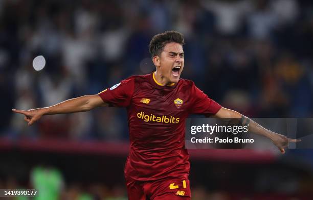 Paulo Dybala of AC Monza celebrates after scoring their team's first goal during the Serie A match between AS Roma and AC Monza at Stadio Olimpico on...