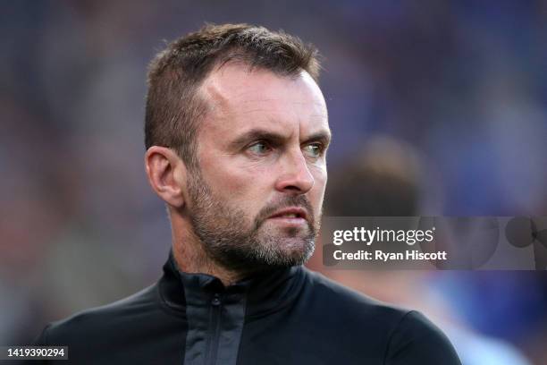 Nathan Jones, Manager of Luton Town, looks on prior to kick off of the Sky Bet Championship between Cardiff City and Luton Town at Cardiff City...