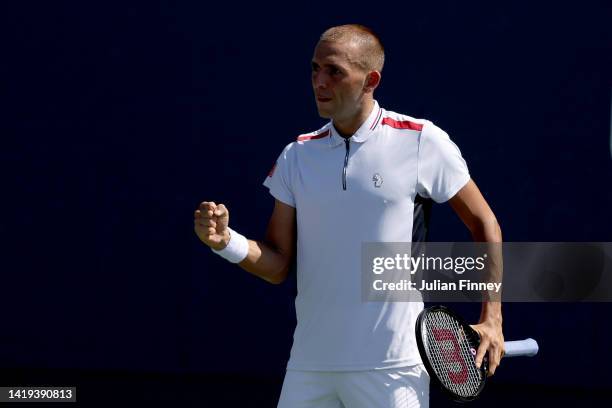 Daniel Evans of Great Britain reacts against Jiri Vesely of Czech Republic in their Men's Singles First Round match on Day Two of the 2022 US Open at...