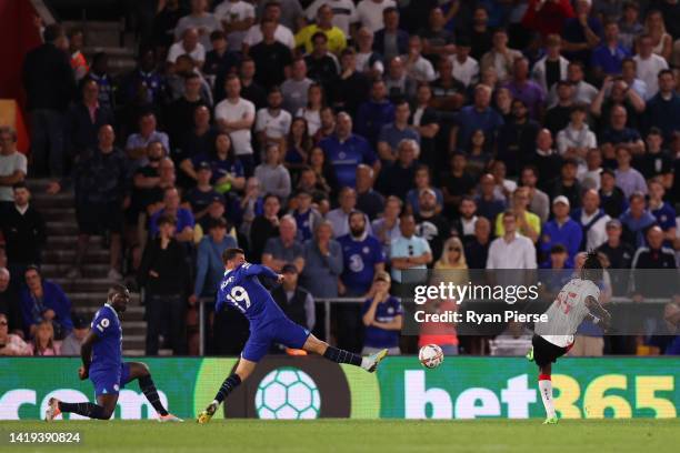 Romeo Lavia of Southampton scores their team's first goal during the Premier League match between Southampton FC and Chelsea FC at Friends Provident...