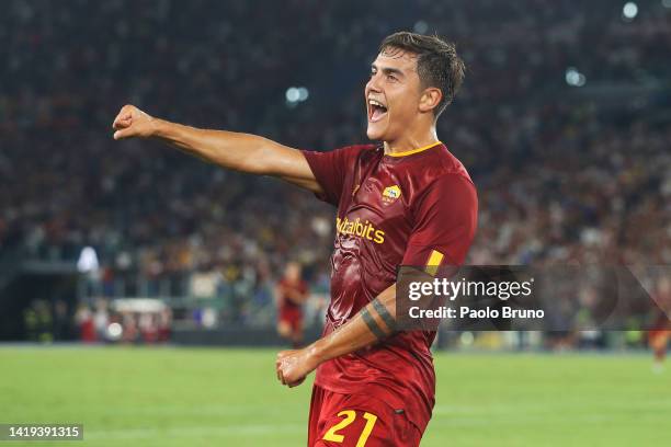 Paulo Dybala of AC Monza celebrates after scoring their team's first goal during the Serie A match between AS Roma and AC Monza at Stadio Olimpico on...