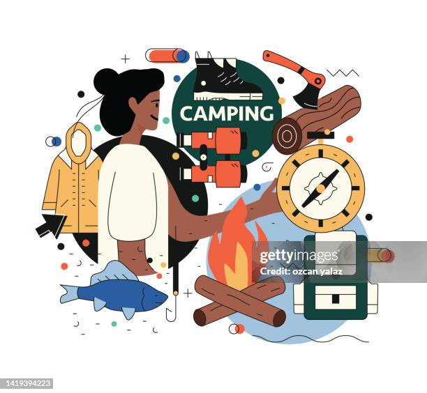 bildbanksillustrationer, clip art samt tecknat material och ikoner med woman taking nature and fresh air. equipment icons used in the campsite. simple and plain narration created with vivid colors. it is a ready-to-use design in many areas. - labor camp