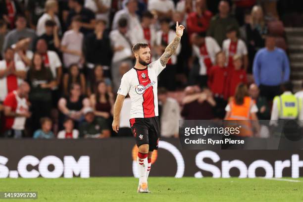Adam Armstrong of Southampton celebrates after scoring their team's second goal during the Premier League match between Southampton FC and Chelsea FC...